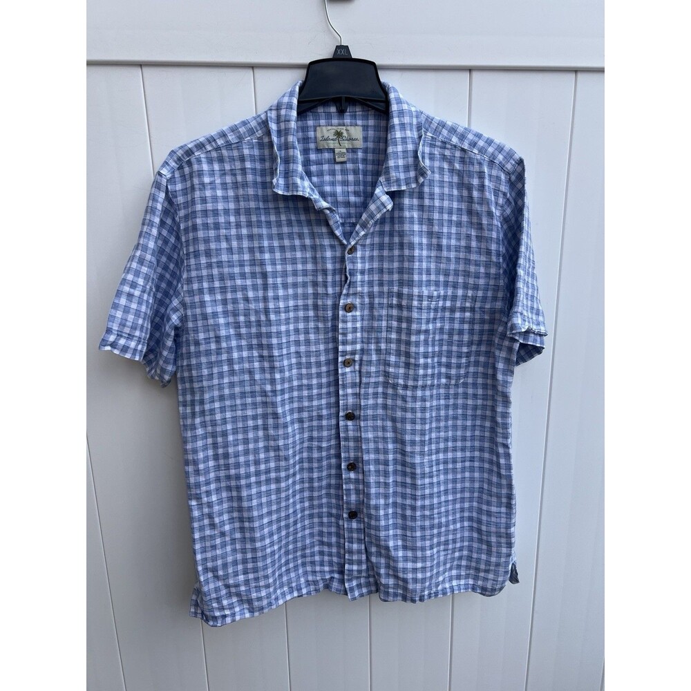Island Shores Linen Blend Button Down Short Sleeve Sz XL Blue